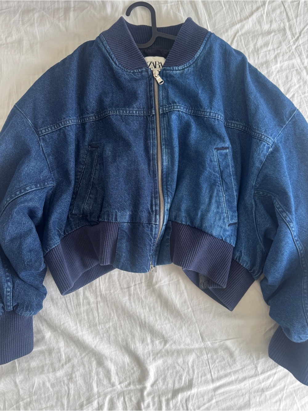Zara Navy Blue Cropped Denim Bomber Jacket
